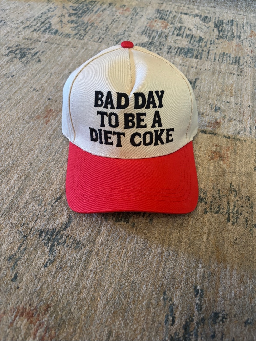 White and Red Baseball Cap with 'Bad Day To Be A Diet Coke' Embroidery